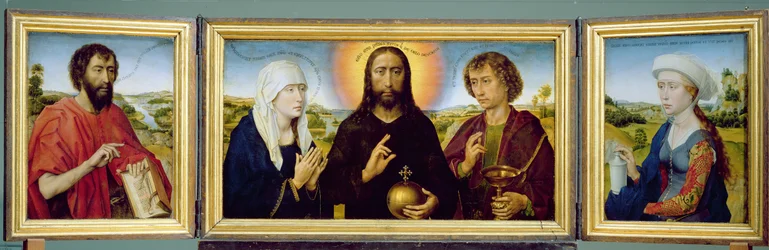 Das Braque-Familientriptychon, St. Johannes der Täufer, Christus der Erlöser zwischen der Jungfrau und St. Johannes dem Evangelisten, St. Maria Magdalena, ca. 1551